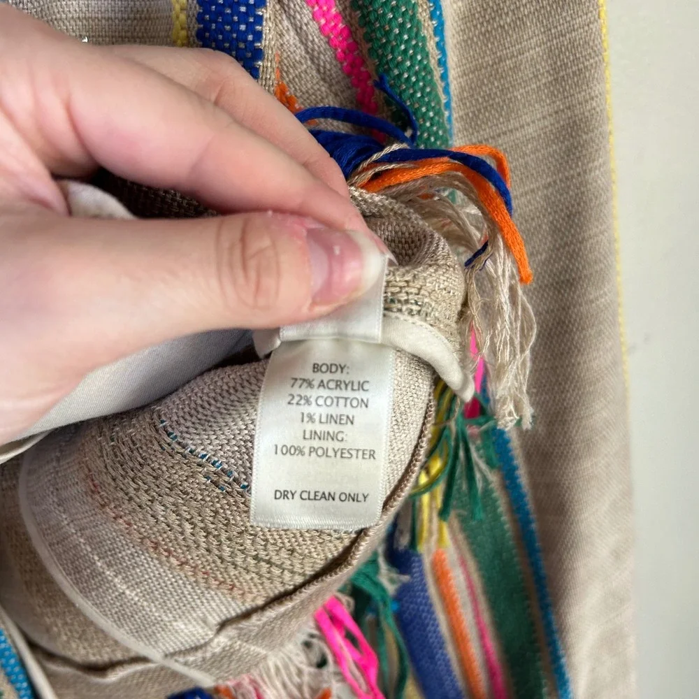 EUC‎ ecru Blazer Striped Fringe Hem Size S Tan Multicolor Boho Festival